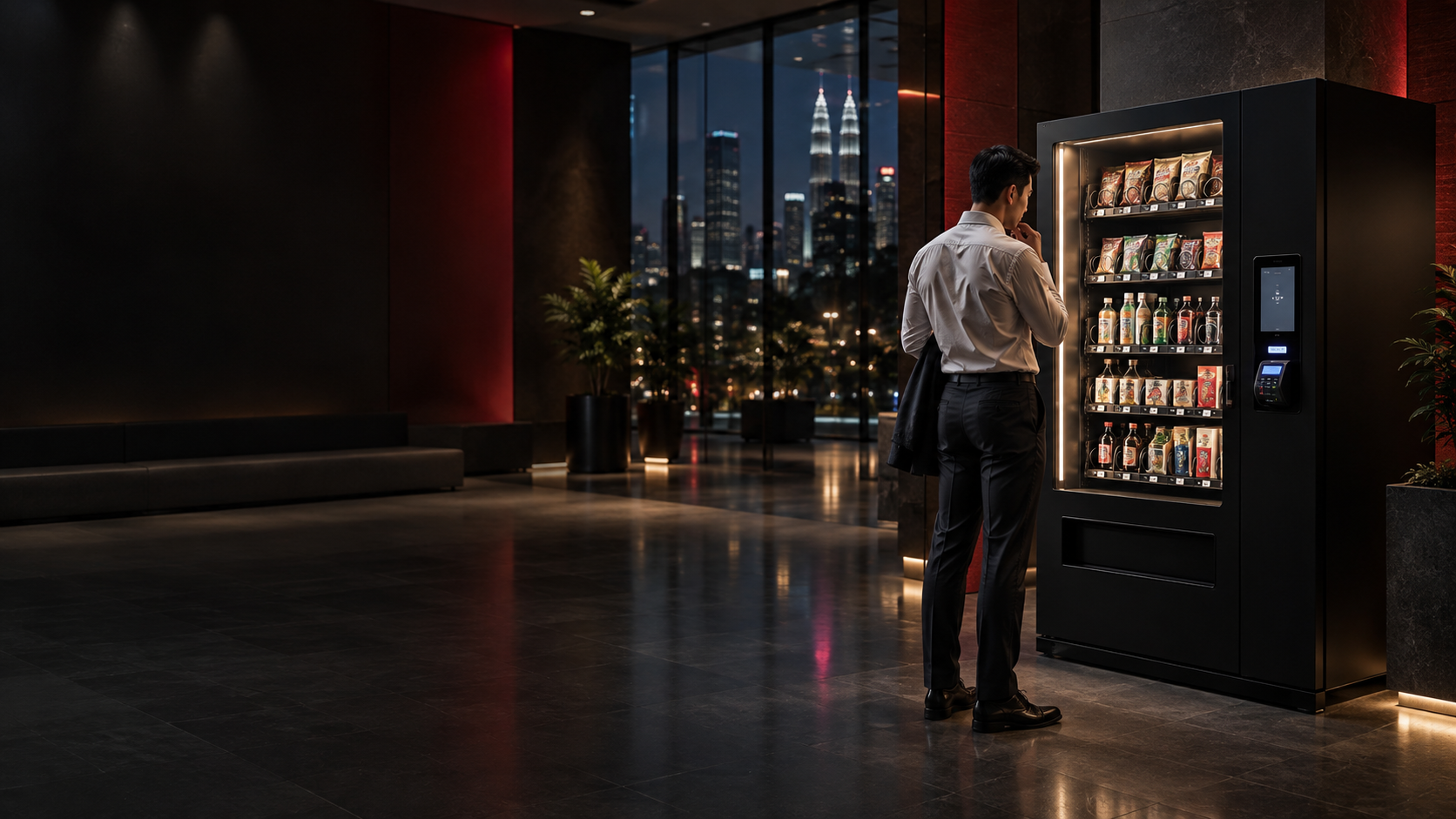 Business operator reviewing a modern vending machine in Malaysia